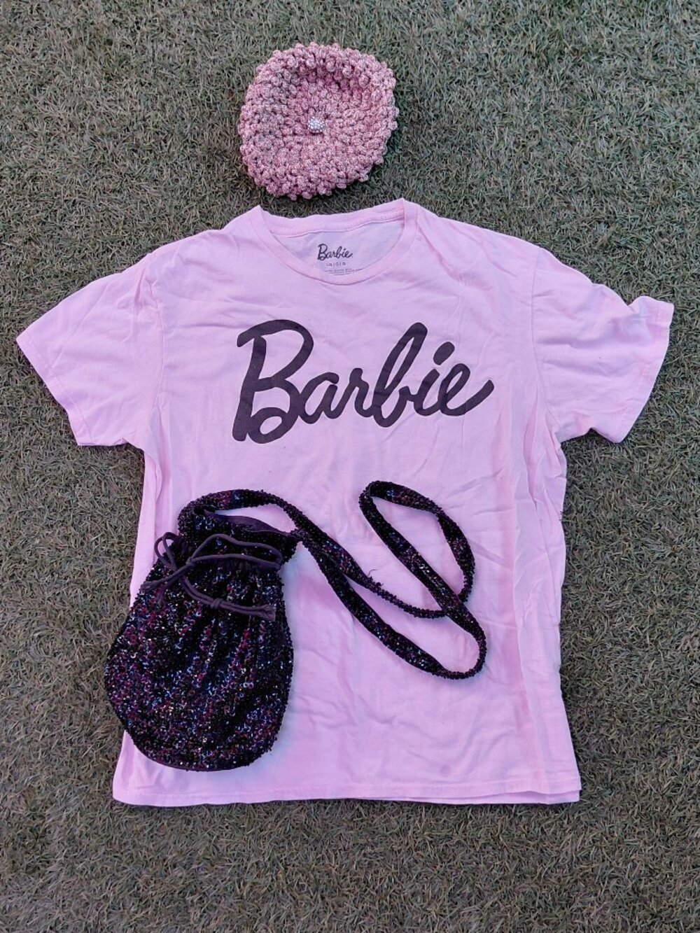 Special bundle lot - 3 items - T-shirt 100% cotton - Knit Cap - black sequin Bag
